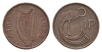 Ирландия 1 пенни 1975 мифологическая птица лира KM 20 бронза 4687-926