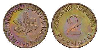 ФРГ 2 пфеннига 1963 F KM 106, J. 381 бронза 4682-1068