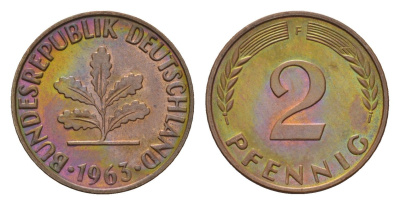 ФРГ 2 пфеннига 1963 F KM 106, J. 381 бронза 4682-1068