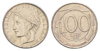 Италия 100 лир 1998 R, дельфины KM 159 медно-никель 4148-826