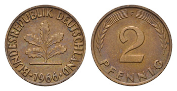 ФРГ 2 пфеннига 1966 F KM 106, J. 381 бронза 4516-932