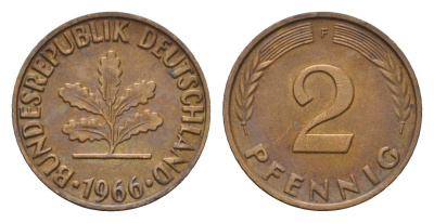 ФРГ 2 пфеннига 1966 F KM 106, J. 381 бронза 4516-932