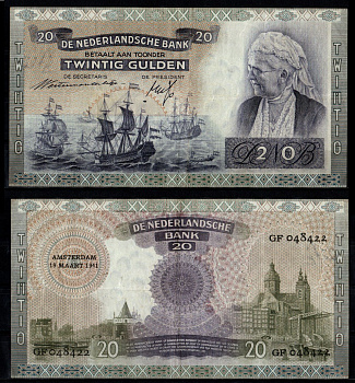 Нидерланды 20 гульденов 1941 Флот адмирала де Рюйтера на дорогах Алжира (Рембрандт). Королева Эмма Pick 54 бумага 451-1305-2