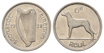 Ирландия 6 пенсов 1928 собака, ирландский волкодав KM 5 никель 4682-548