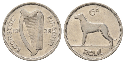 Ирландия 6 пенсов 1928 собака, ирландский волкодав KM 5 никель 4682-548