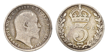 Великобритания 3 пенса 1906 Эдуард VII (1901-1910) KM 797.2, Spink 3984 серебро 4189-948