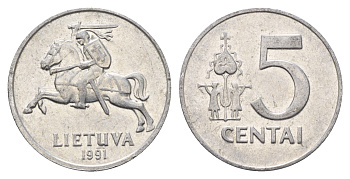 Литва 5 центов (сентов) 1991 год-тип KM 87 алюминий 4688-936