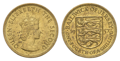 Джерси 1/4 шиллинга 1957 Елизавета II (1952-2022) KM 22 никель латунь aUNC 4687-746