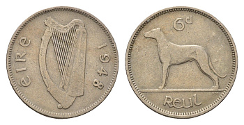 Ирландия 6 пенсов 1948 собака, ирландский волкодав KM 13a медно-никель 4690-328