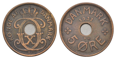 Дания 5 эре 1937 N, Кристиан X (1912-1947) KM 828 бронза 4700-841