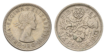Великобритания 6 пенсов 1963 Елизавета II (1952-2022) KM 903, Spink 4149 медно-никель 100-1044
