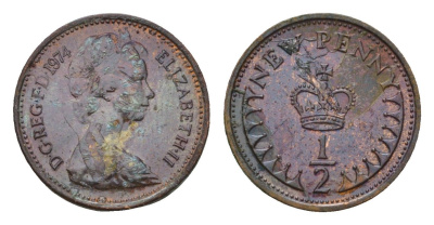 Великобритания 1/2 новый пенни 1974 Елизавета II (1952-2022) KM 914, Spink 4239 бронза 96-836