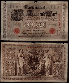Германия 1000 марок 1910 Берлин, B; аллегорические фигуры («Мореплавание» и «Земледелие»), герб Pick 44 b бумага 7547-81-3-2