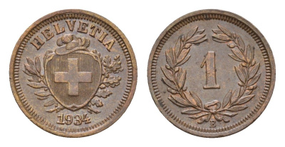 Швейцария 1 раппен 1934 B KM 3.2 бронза 46-611