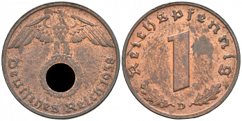 ГЕРМАНИЯ 1 РЕЙХСПФЕННИГ 1938 D J 361, KM 89 бронза aUNC 73-648