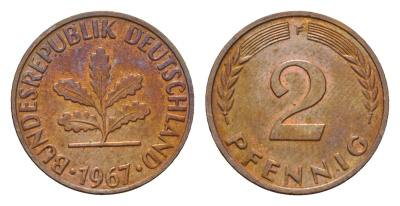 ФРГ 2 пфеннига 1967 F KM 106, J. 381 бронза 3458-715