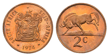 ЮАР 2 цента 1974 герб, антилопа гну KM 83 бронза PROOF 4622-1022