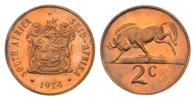 ЮАР 2 цента 1974 герб, антилопа гну KM 83 бронза PROOF 4622-1022