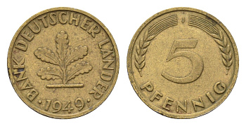 ФРГ 5 пфеннигов 1949 J KM 102, J. 377 сталь плакированная латунью 4685-369