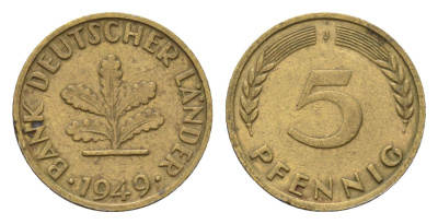 ФРГ 5 пфеннигов 1949 J KM 102, J. 377 сталь плакированная латунью 4685-369