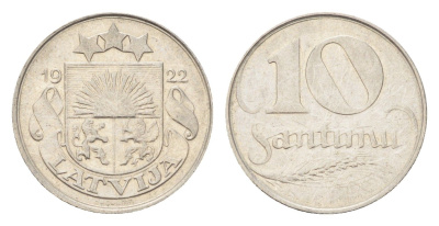 Латвия 10 сантимов 1922 год-тип KM 4 никель 4705-451