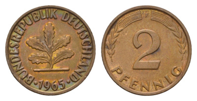 ФРГ 2 пфеннига 1965 F KM 106, J. 381 бронза 4147-962