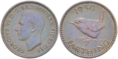 Великобритания 1 фартинг 1950 Георг VI (1936-1952) KM 867, Spink 4119 бронза 4543-1121