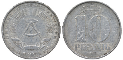 ГДР 10 пфеннигов 1968 A KM 10 алюминий 62-753