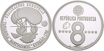 Португалия 8 евро 2007 INCM, Ранние летательные аппараты - Passarola Бартоломеу де Гусмана KM 822a серебро  PROOF 00-00