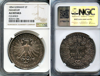Франкфурт 2 талера = 3 1/2 гульдена 1854 в слабе NGC AU DETAILS Jaeger 23, Thun 131, AKS 2, Kahnt 182, KM 329, Davenport 641 серебро  00-00