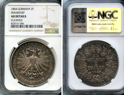Франкфурт 2 талера = 3 1/2 гульдена 1854 в слабе NGC AU DETAILS Jaeger 23, Thun 131, AKS 2, Kahnt 182, KM 329, Davenport 641 серебро  00-00