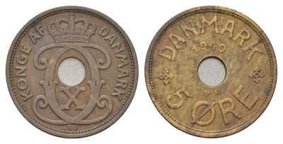 Дания 5 эре 1940 N, Кристиан X (1912-1947) KM 828 бронза 4700-853
