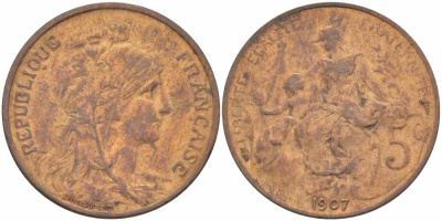 ФРАНЦИЯ 5 САНТИМОВ 1907 ТИП ДАНИЭЛЬ ДЮПЮИ KM 842, LE FRANC 119.17 бронза 108-856