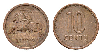 Литва 10 центов (сентов) 1991 год-тип KM 88 бронза 4689-1048
