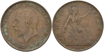 Великобритания 1 пенни 1929 Георг V (1910-1936) KM 838, Spink 4055 бронза 4144-514
