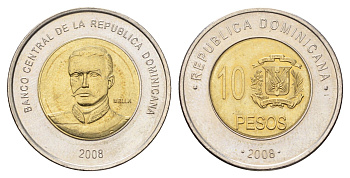 Доминиканская Республика (Доминикана) 10 песо 2008 KM 106 биметалл UNC 4693-114