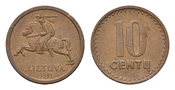 Литва 10 центов (сентов) 1991 год-тип KM 88 бронза 4689-1058