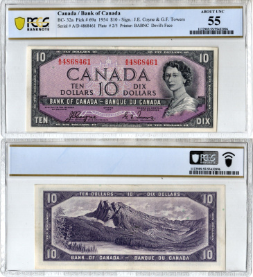 Канада 10 долларов 1954 слабе компаии - PCGS. Грейд 55 - About Uncirculated. "DEVIL FACE" Pick 69 a, BC - 32 a бумага 452-1-189