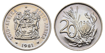 ЮАР 20 центов 1981 герб, цветок протея KM 86 никель UNC 4693-413