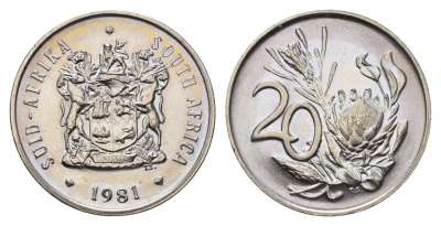 ЮАР 20 центов 1981 герб, цветок протея KM 86 никель UNC 4693-413