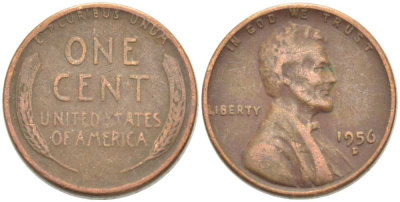 США 1 ЦЕНТ 1956 D, ЛИНКОЛЬН KM А132 медь цинк 218-1029