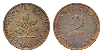ФРГ 2 пфеннига 1960 F KM 106, J. 381 бронза 4547-1035