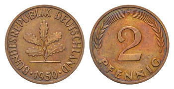 ФРГ 2 пфеннига 1950 F KM 106, J. 381 бронза 4594-364