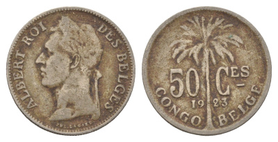 Бельгийское Конго 50 сантимов 1923 Надпись на французском - 'ALBERT ROI DES BELGES' KM 22 медно-никель 4121-945