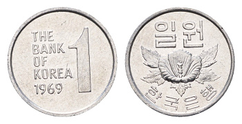 Южная Корея 1 вона 1969 роза KM 4a алюминий UNC 4647-1245