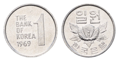 Южная Корея 1 вона 1969 роза KM 4a алюминий UNC 4647-1245