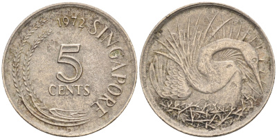 Сингапур 5 центов 1972 большая белая цапля KM 2 медно-никель    4594-1056