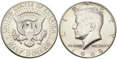 США 1/2 доллара (50 центов) 1968 D, Джон Кеннеди KM 202a серебро  UNC  4178-1023
