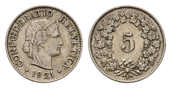 Швейцария 5 раппенов 1921 KM 26 медно-никель 4685-224