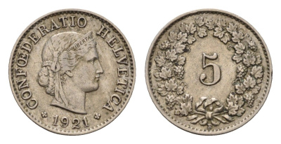 Швейцария 5 раппенов 1921 KM 26 медно-никель 4685-224